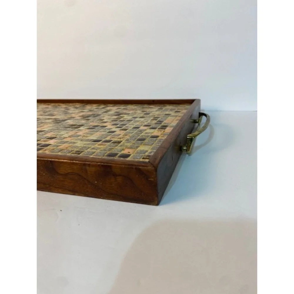 Vintage Mid Century Modern Mosaic Tile Wood Serving Tray Brass Handles Vered